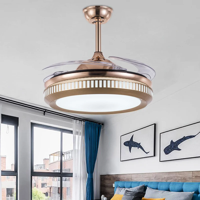 Hangende ventilator van acryl, moderne 19-inch brede LED-gouden semi-inbouwverlichting met 4 bladen Clearhalo