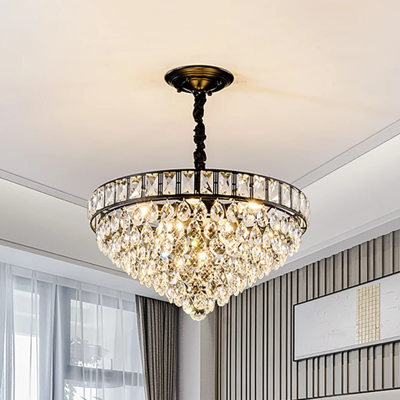 Hangende verlichting voor 6 slaapkamers Modernisme Plafondkroonluchter met zwarte afwerking en conische kristallen druppel...