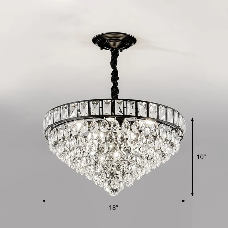 Hangende verlichting voor 6 slaapkamers Modernisme Plafondkroonluchter met zwarte afwerking en conische kristallen druppel...