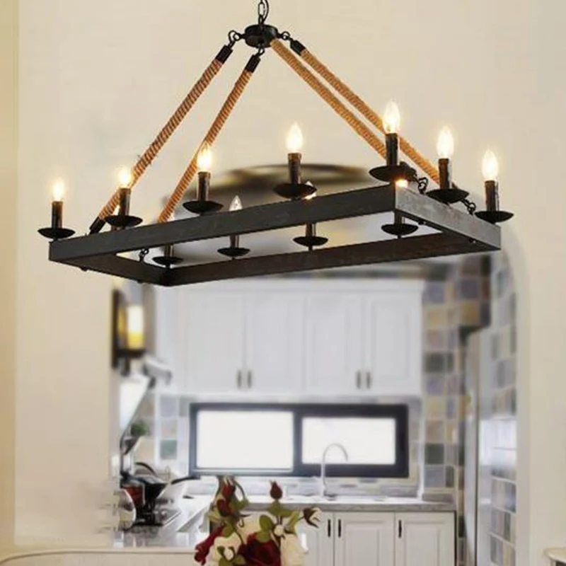 Hanglamp met 10 koppen touw, eilandlicht, industriële rechthoekige metalen hanglamp zwart met kaarsontwerp Clearhalo