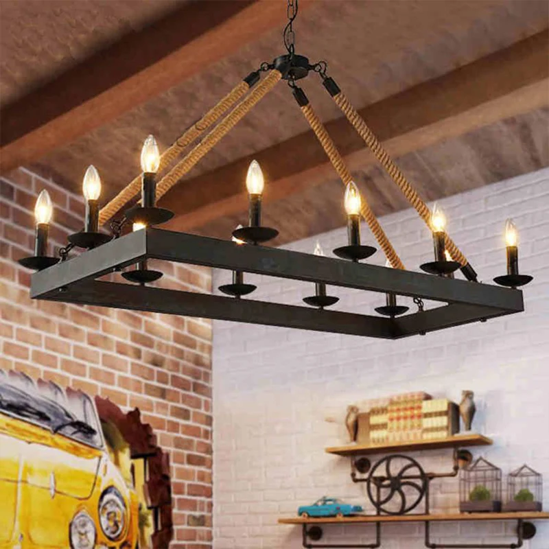 Hanglamp met 10 koppen touw, eilandlicht, industriële rechthoekige metalen hanglamp zwart met kaarsontwerp Clearhalo