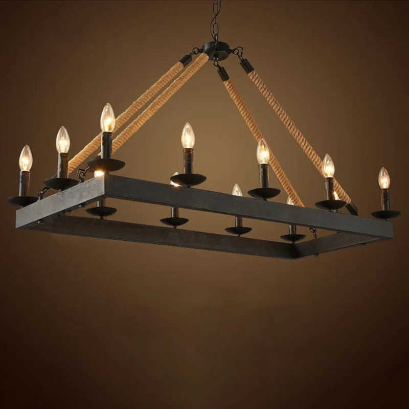 Hanglamp met 10 koppen touw, eilandlicht, industriële rechthoekige metalen hanglamp zwart met kaarsontwerp Clearhalo