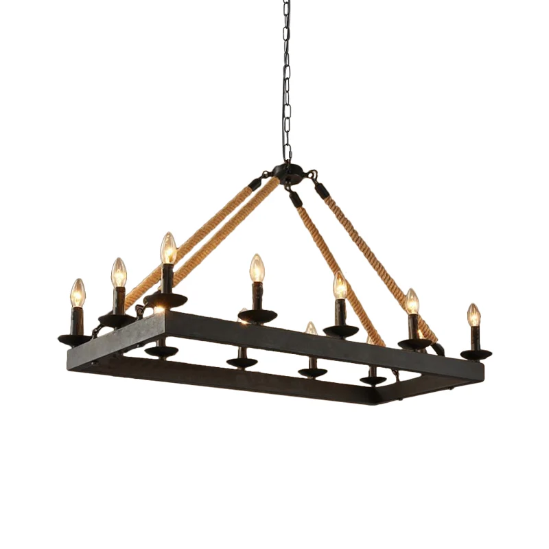 Hanglamp met 10 koppen touw, eilandlicht, industriële rechthoekige metalen hanglamp zwart met kaarsontwerp Clearhalo