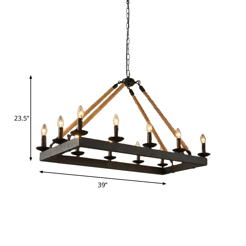 Hanglamp met 10 koppen touw, eilandlicht, industriële rechthoekige metalen hanglamp zwart met kaarsontwerp Clearhalo