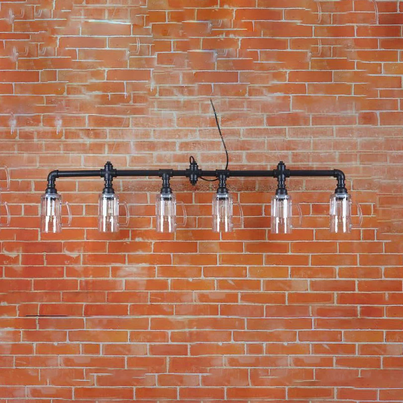Hanglamp met 6 lampen, pijp en bierpul, glazen kap, industriële restauranteiland-plafondlamp zwart Clearhalo