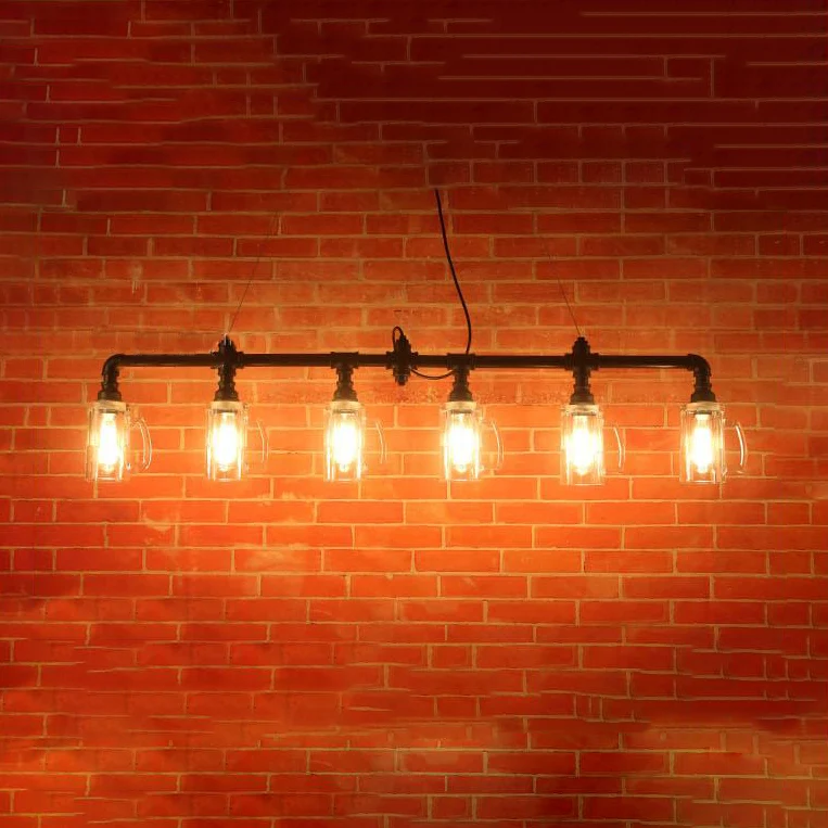 Hanglamp met 6 lampen, pijp en bierpul, glazen kap, industriële restauranteiland-plafondlamp zwart Clearhalo