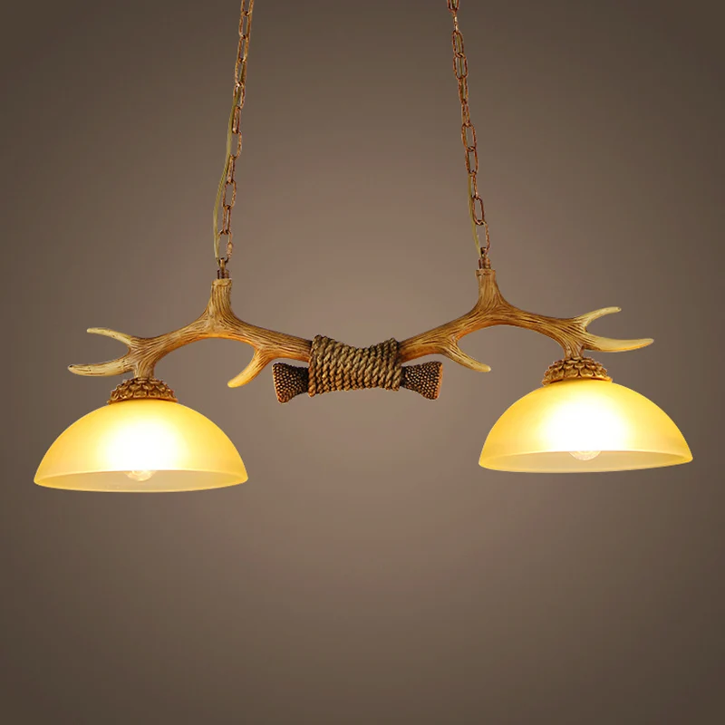 Hanglamp met 2 lampen Retro Dome Beige glazen hangende eilandlamp met decoratieve hertenhoorn Clearhalo
