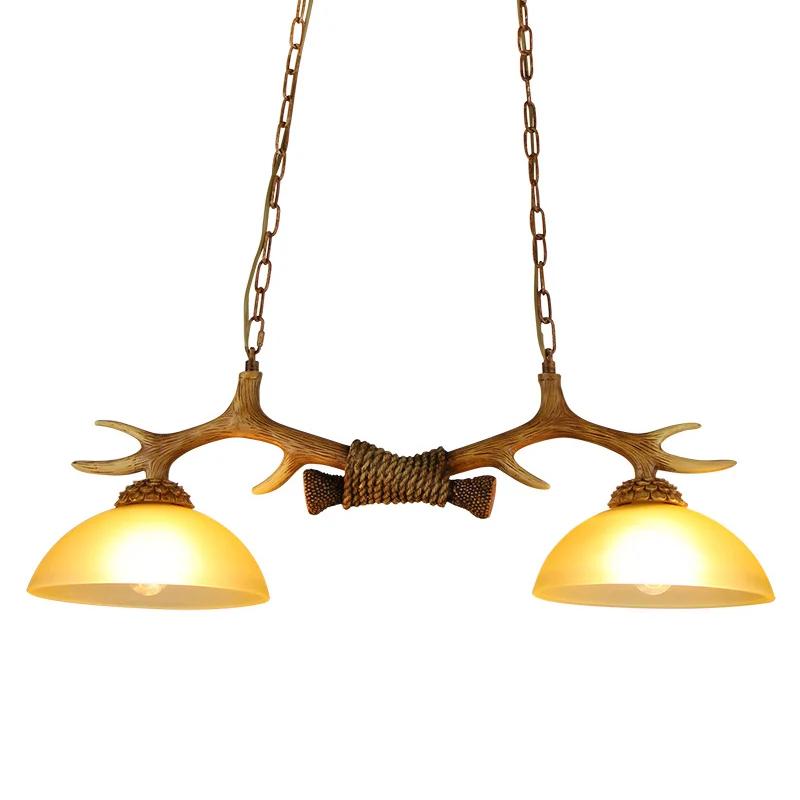 Hanglamp met 2 lampen Retro Dome Beige glazen hangende eilandlamp met decoratieve hertenhoorn Clearhalo