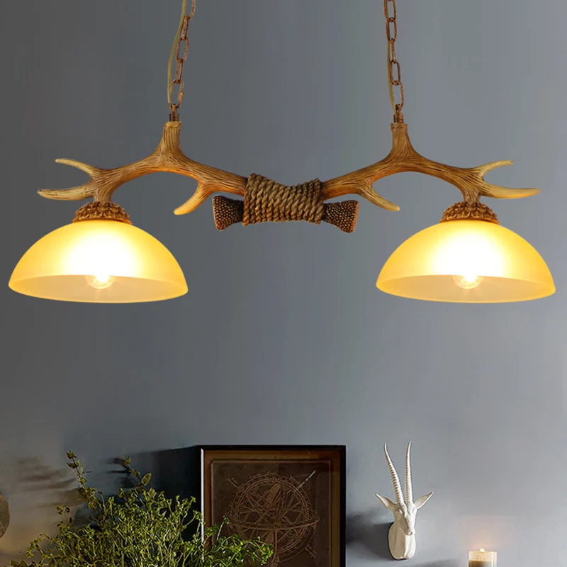Hanglamp met 2 lampen Retro Dome Beige glazen hangende eilandlamp met decoratieve hertenhoorn Clearhalo