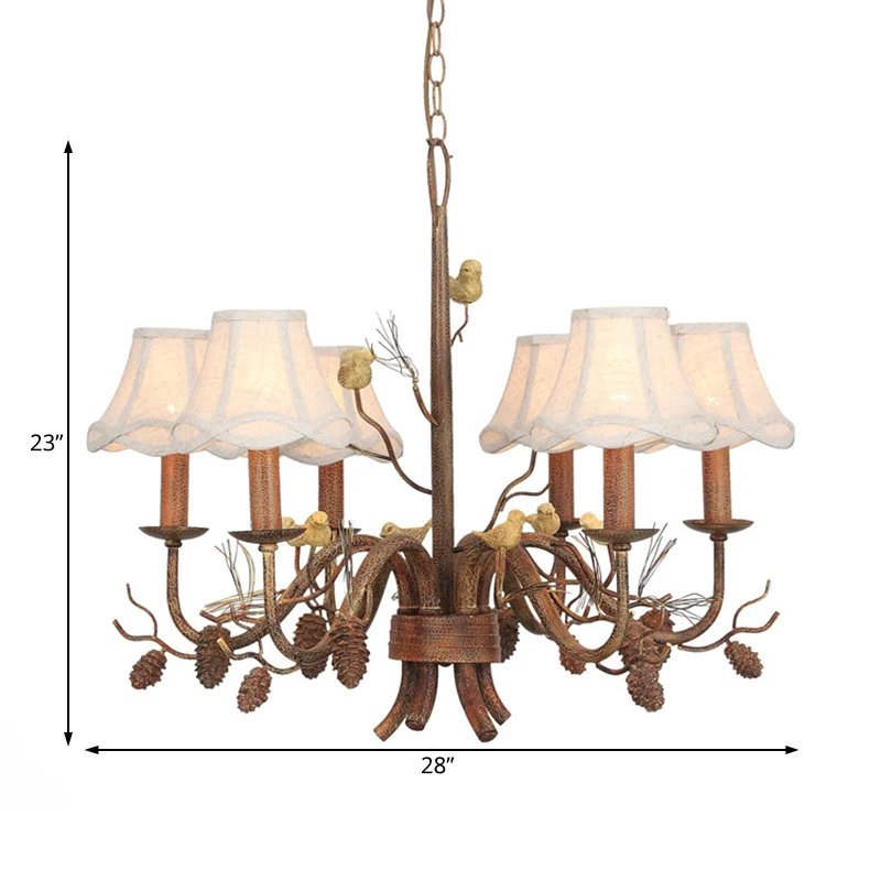 Hanglamp met 6 lampen, rustieke geschulpte metalen hangende kroonluchter wit met stoffen kap en dennenappel Clearhalo