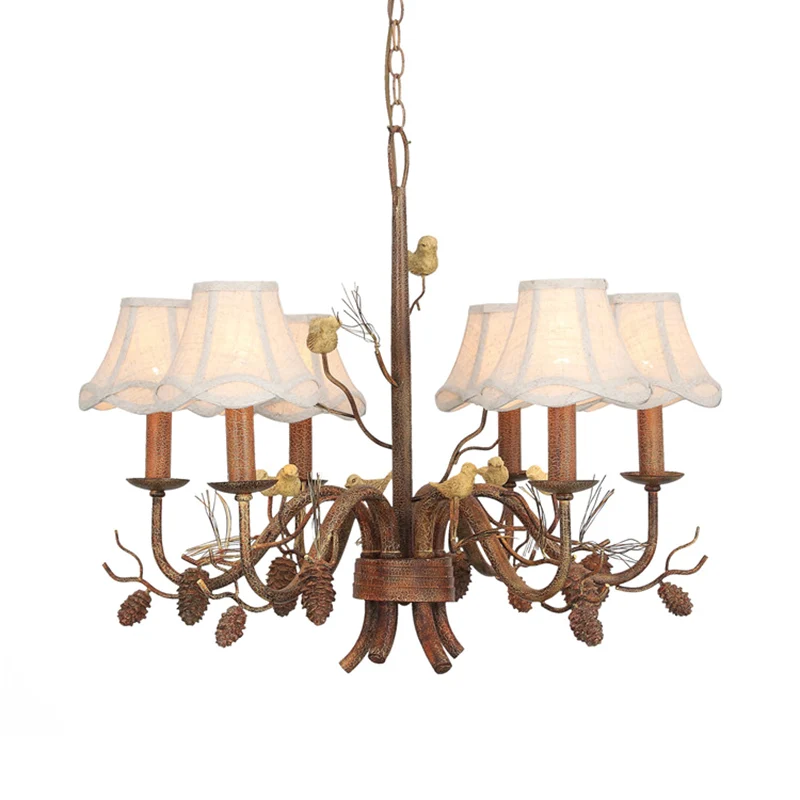 Hanglamp met 6 lampen, rustieke geschulpte metalen hangende kroonluchter wit met stoffen kap en dennenappel Clearhalo