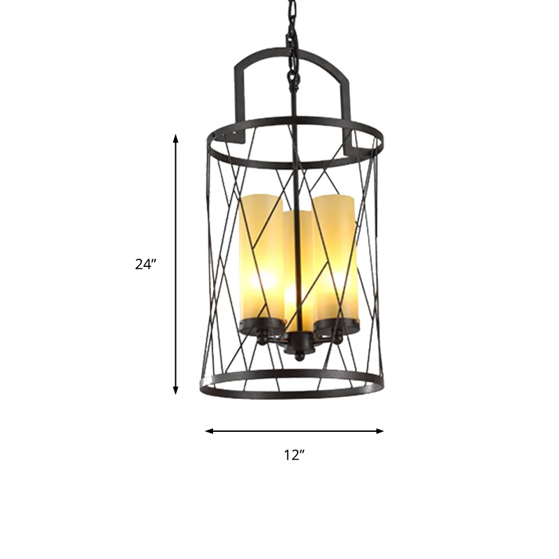 Hanglamp met 3 lampen, traditionele cilinder, hangende kroonluchter van beige glas, zwart Clearhalo