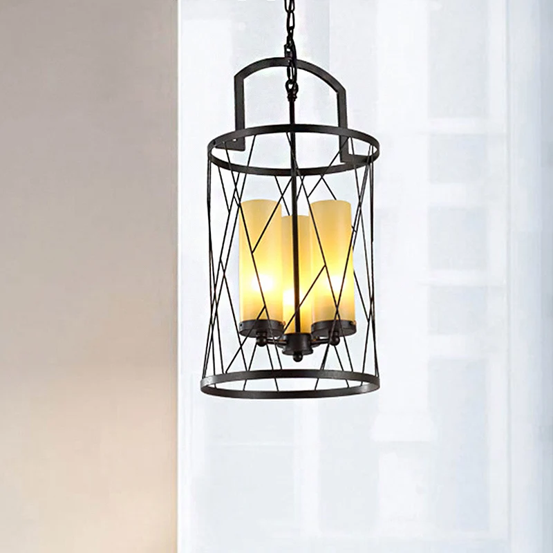 Hanglamp met 3 lampen, traditionele cilinder, hangende kroonluchter van beige glas, zwart Clearhalo