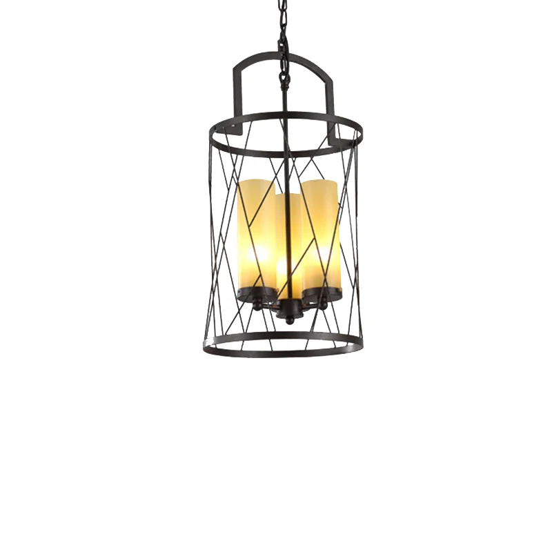 Hanglamp met 3 lampen, traditionele cilinder, hangende kroonluchter van beige glas, zwart Clearhalo