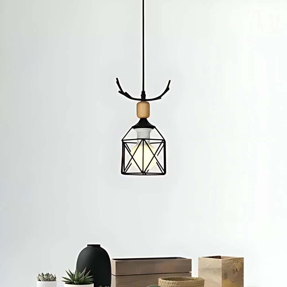 Hanglamp met metalen draadframe en gewei 1 licht Rustieke hanglamp zwart voor Lodge Clearhalo