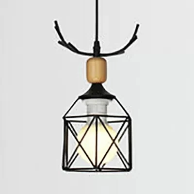 Hanglamp met metalen draadframe en gewei 1 licht Rustieke hanglamp zwart voor Lodge Clearhalo