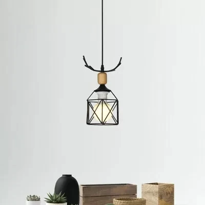 Hanglamp met metalen draadframe en gewei 1 licht Rustieke hanglamp zwart voor Lodge Clearhalo