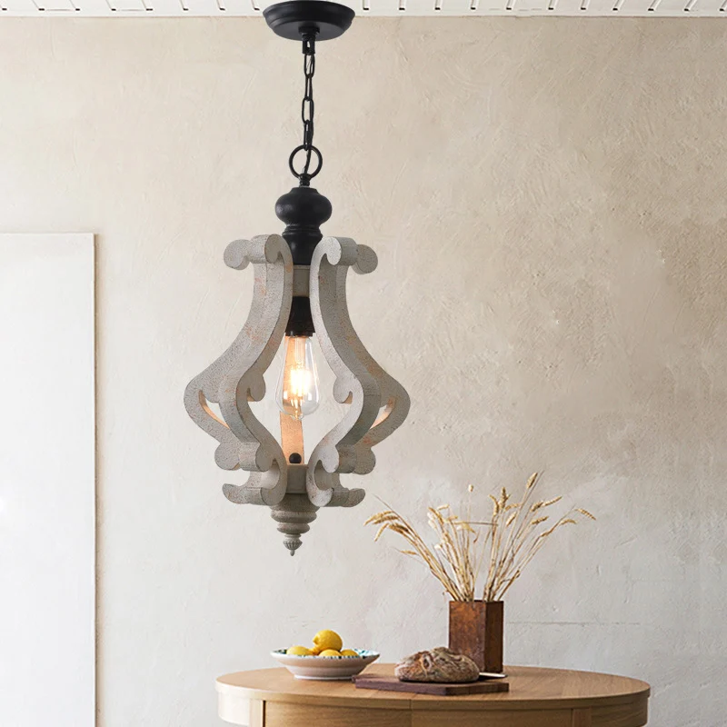 Hanglamp van hout, verweerd wit, gescrolld frame, 1 lamp, traditionele hanglampset voor eetkamer Clearhalo