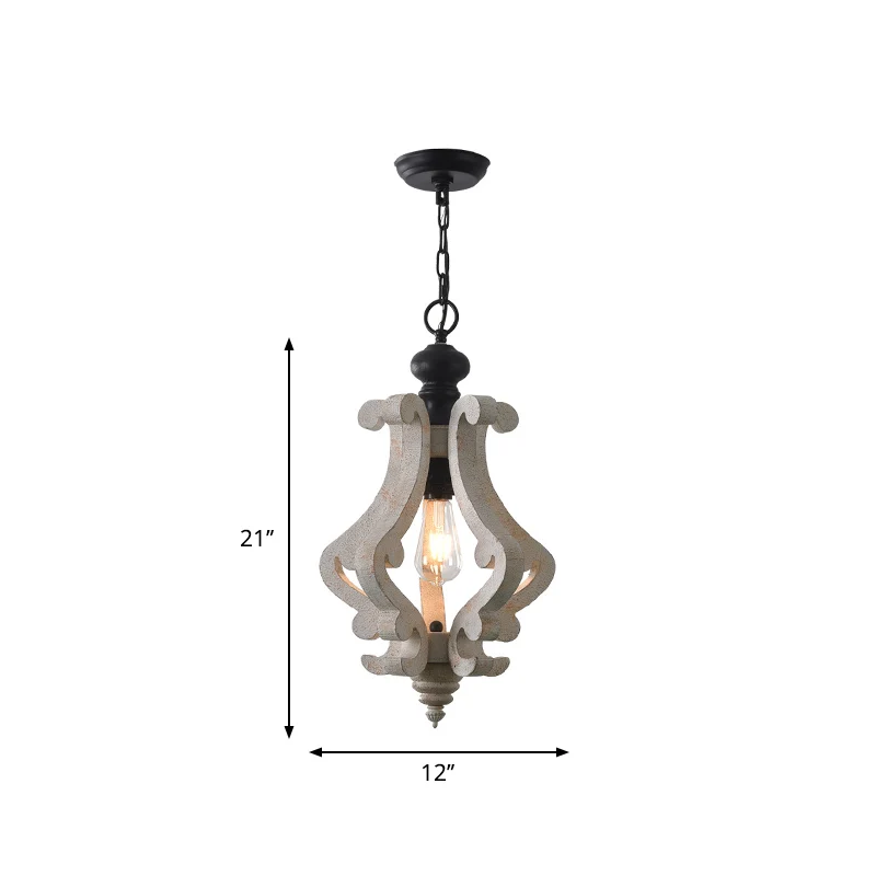 Hanglamp van hout, verweerd wit, gescrolld frame, 1 lamp, traditionele hanglampset voor eetkamer Clearhalo