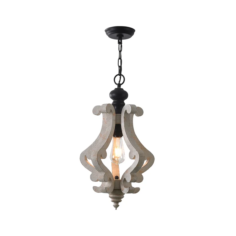 Hanglamp van hout, verweerd wit, gescrolld frame, 1 lamp, traditionele hanglampset voor eetkamer Clearhalo