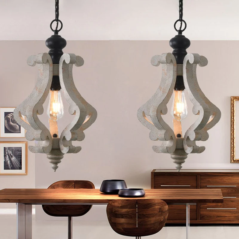 Hanglamp van hout, verweerd wit, gescrolld frame, 1 lamp, traditionele hanglampset voor eetkamer Clearhalo
