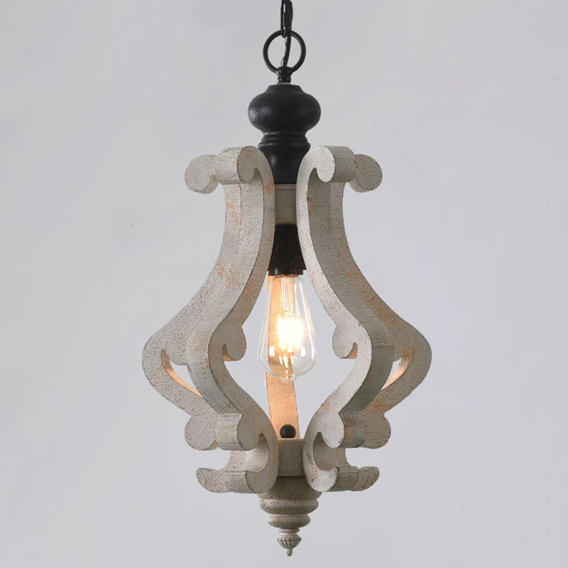 Hanglamp van hout, verweerd wit, gescrolld frame, 1 lamp, traditionele hanglampset voor eetkamer Clearhalo
