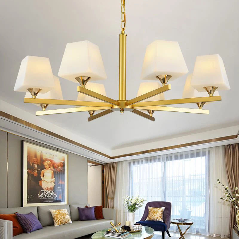 Hanglamp van matglas, messing, taps toelopend, 8 lichtpunten, traditionele kroonluchterlamp met zonnestraalontwerp Clearhalo