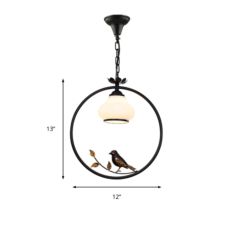 Hanglamp de vorm van een fles, traditioneel zwart metalen hanglamp met vogel, 12"/16" breed Clearhalo