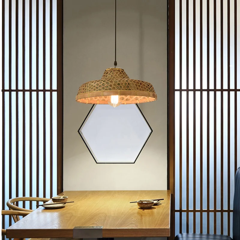 Hanglamp de vorm van een hoed, eigentijds bamboe hanglamp met enkele lamp en houten ophanging Clearhalo