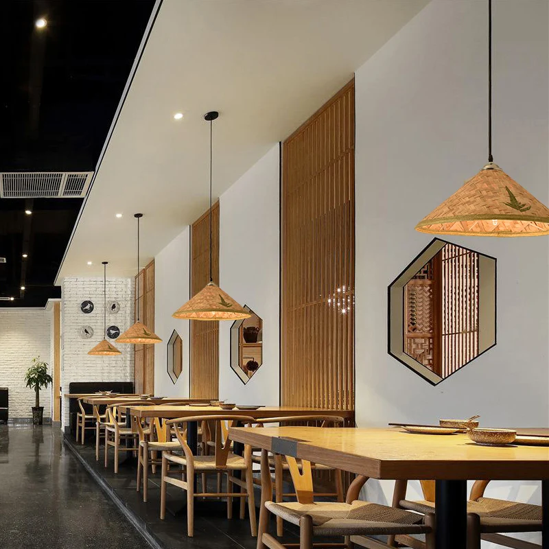 Hanglamp de vorm van een hoed, eigentijds bamboe hanglamp met enkele lamp en houten ophanging Clearhalo