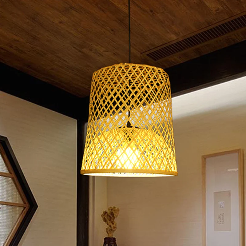 Hanglampset met 2 lampenkappen Azië Bamboe enkele beige hanglamp boven tafel Clearhalo