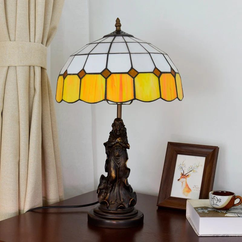 Hars bronzen nachtkastje licht engel meisje 1 kop vintage tafellamp met oranje en witte rasterglazen kap Clearhalo