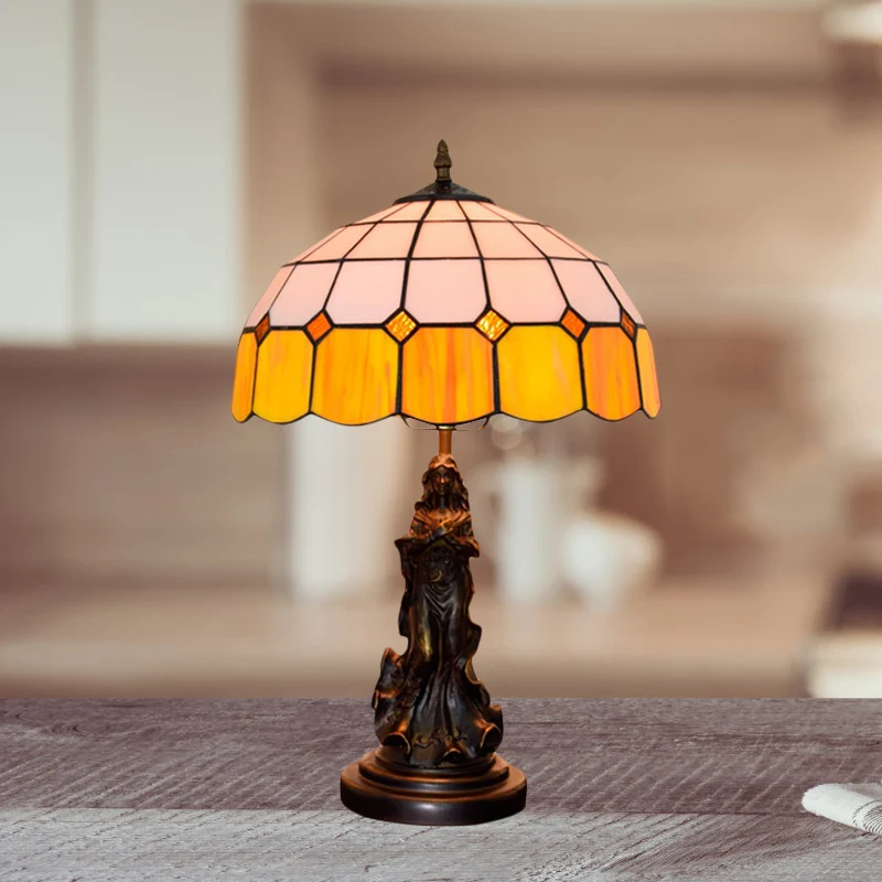 Hars bronzen nachtkastje licht engel meisje 1 kop vintage tafellamp met oranje en witte rasterglazen kap Clearhalo
