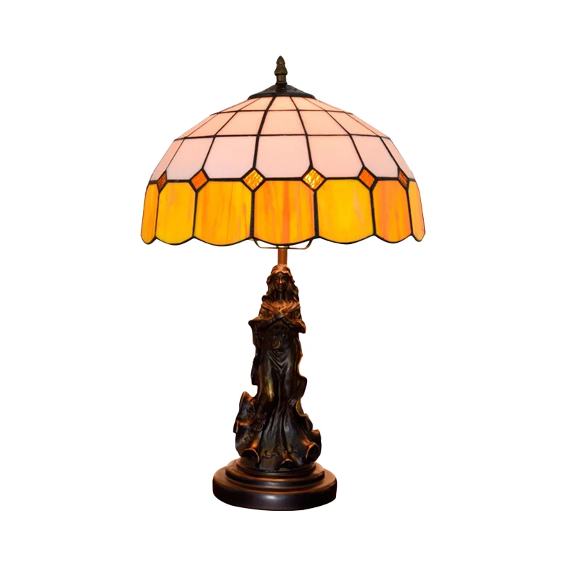 Hars bronzen nachtkastje licht engel meisje 1 kop vintage tafellamp met oranje en witte rasterglazen kap Clearhalo