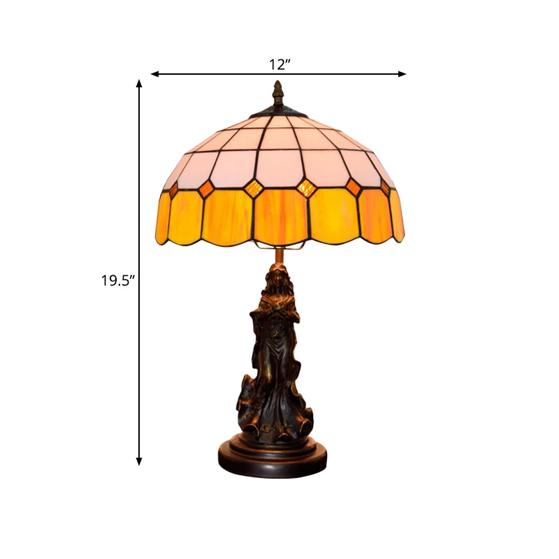 Hars bronzen nachtkastje licht engel meisje 1 kop vintage tafellamp met oranje en witte rasterglazen kap Clearhalo