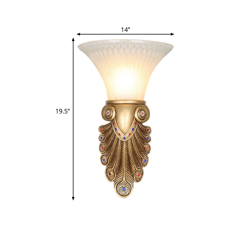 Hars gouden wandlamp Sconce Peacock Tail 1 licht Landelijke stijlvolle wandmontage lamp met opaal glazen belkap Clearhalo