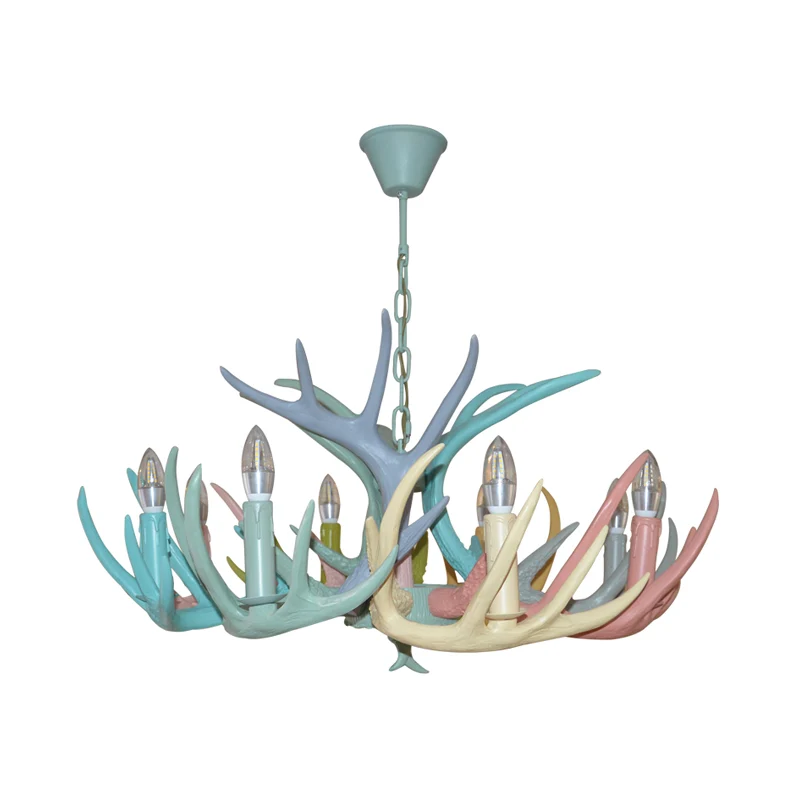 Hars hertengewei hangende kroonluchter rustiek 4/6/8 lampen slaapkamer plafond hanglamp rood-groen-roze-blauw Clearhalo