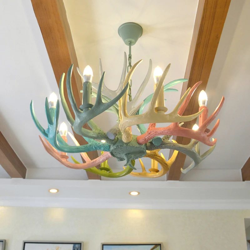 Hars hertengewei hangende kroonluchter rustiek 4/6/8 lampen slaapkamer plafond hanglamp rood-groen-roze-blauw Clearhalo