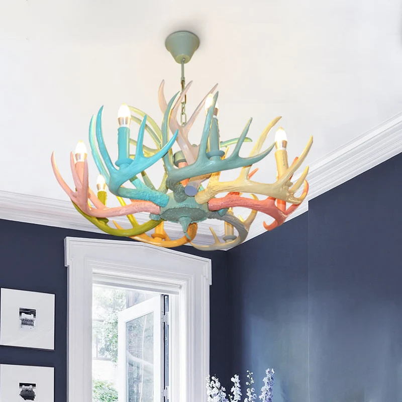 Hars hertengewei hangende kroonluchter rustiek 4/6/8 lampen slaapkamer plafond hanglamp rood-groen-roze-blauw Clearhalo
