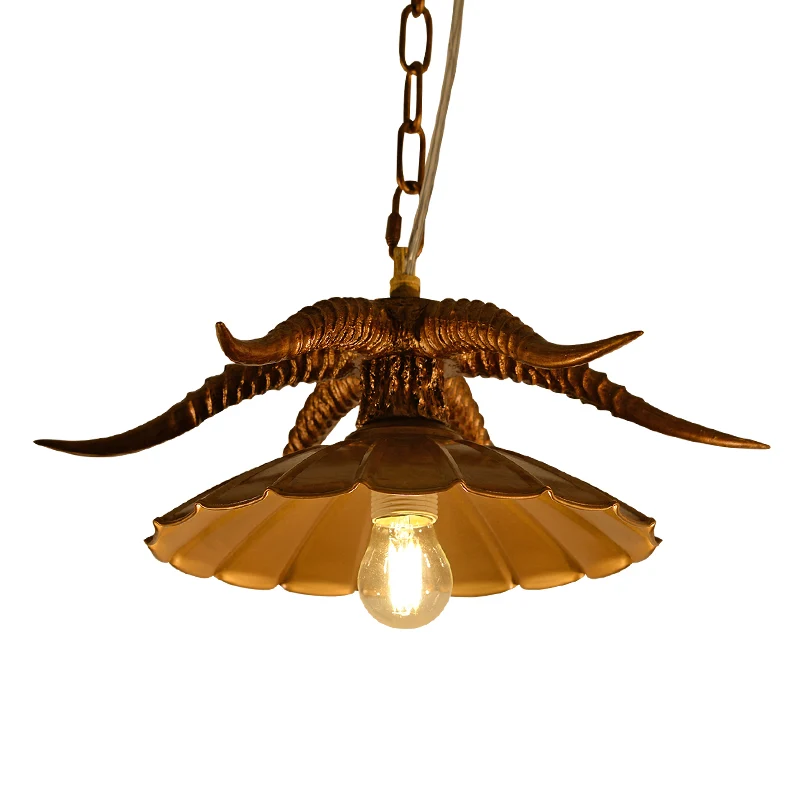 Hars OX Hoorn hanglamp Rustiek restaurant hanglamp met geschulpte kap messing/wit Clearhalo