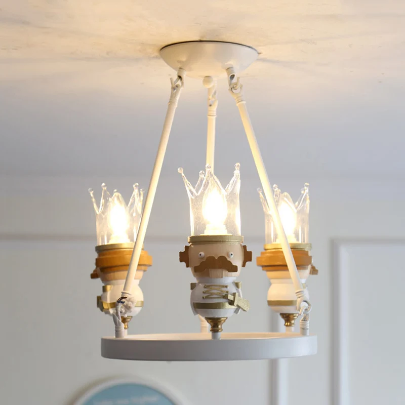 Hars Koning Hanglamp Cartoon 3 Lichten Hangende Kroonluchter Wit voor Kinderslaapkamer Clearhalo