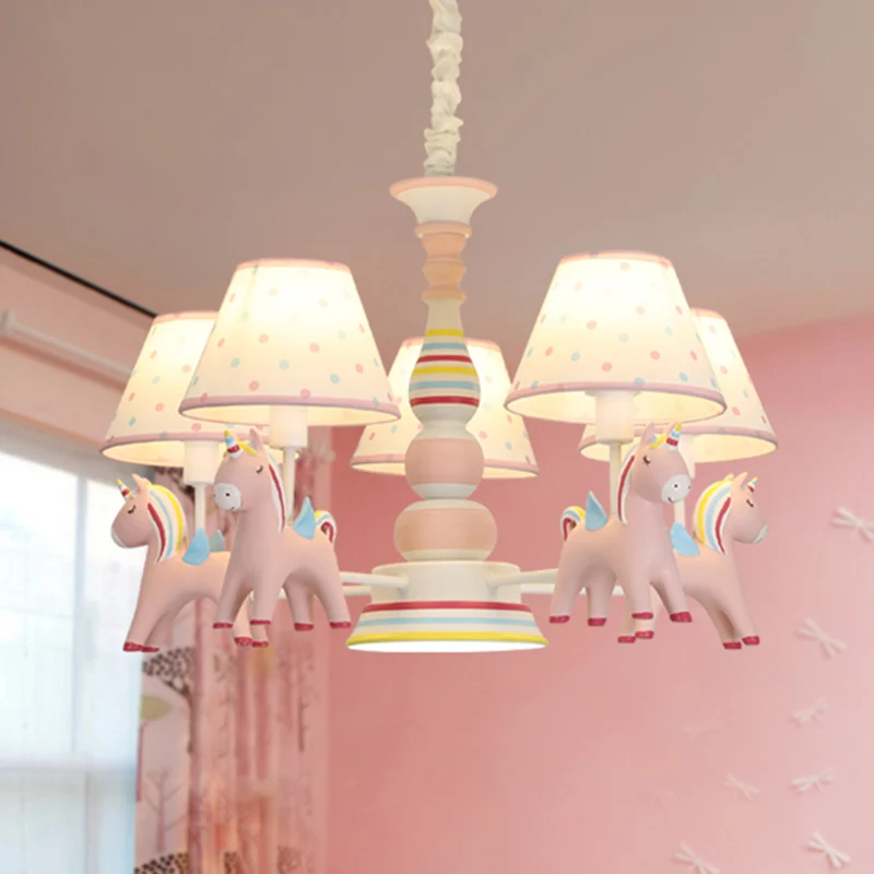 Hars Regenboog Eenhoorn Kroonluchter Verlichting Cartoon Roze Hanglamp met taps toelopende stoffen kap Clearhalo