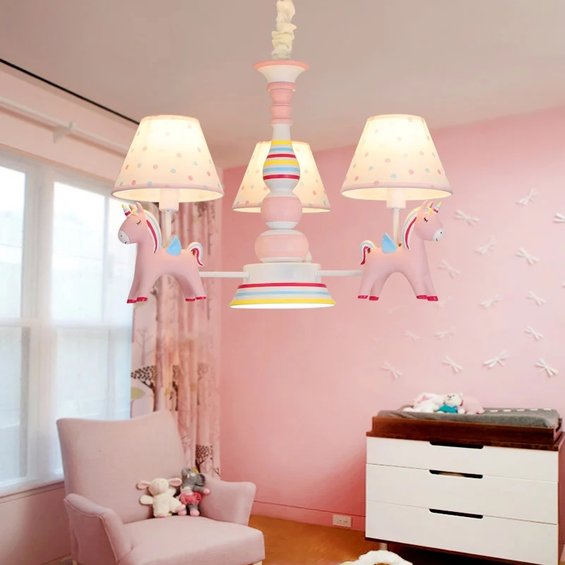Hars Regenboog Eenhoorn Kroonluchter Verlichting Cartoon Roze Hanglamp met taps toelopende stoffen kap Clearhalo