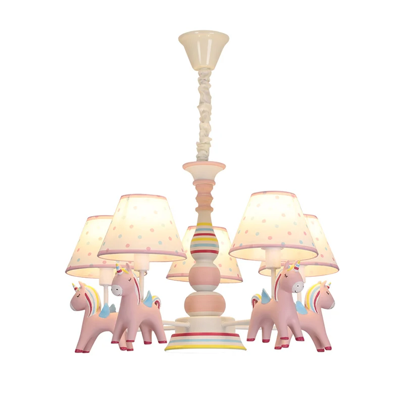 Hars Regenboog Eenhoorn Kroonluchter Verlichting Cartoon Roze Hanglamp met taps toelopende stoffen kap Clearhalo