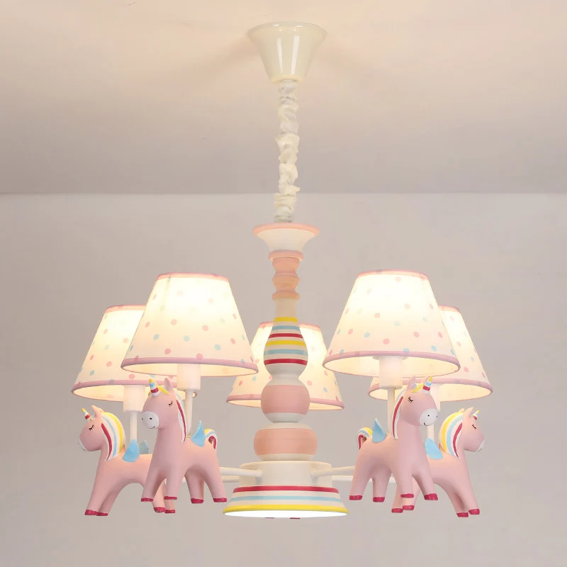 Hars Regenboog Eenhoorn Kroonluchter Verlichting Cartoon Roze Hanglamp met taps toelopende stoffen kap Clearhalo
