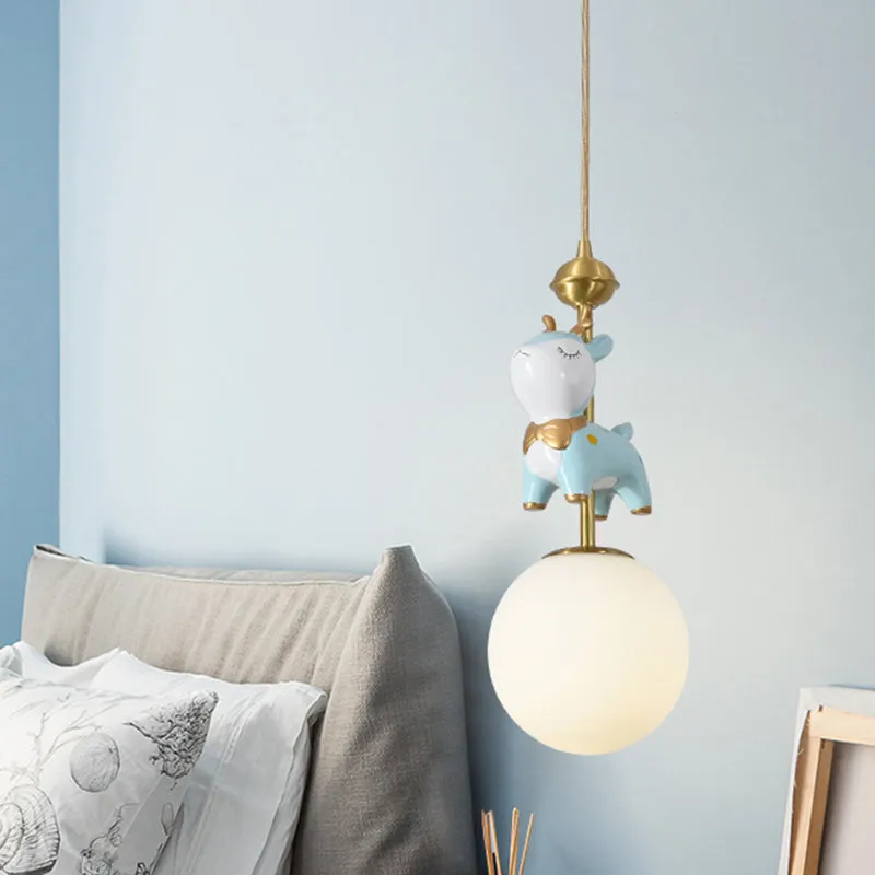 Hars Sikaherten Pendellamp Cartoon 1 Lamp Blauw/Roze-Wit/Blauw-Wit Hangende Hanger met Bal Opaal/Gebrandschilderde Glazen...