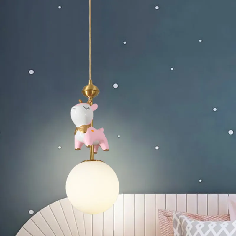 Hars Sikaherten Pendellamp Cartoon 1 Lamp Blauw/Roze-Wit/Blauw-Wit Hangende Hanger met Bal Opaal/Gebrandschilderde Glazen...