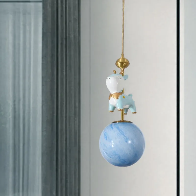 Hars Sikaherten Pendellamp Cartoon 1 Lamp Blauw/Roze-Wit/Blauw-Wit Hangende Hanger met Bal Opaal/Gebrandschilderde Glazen...