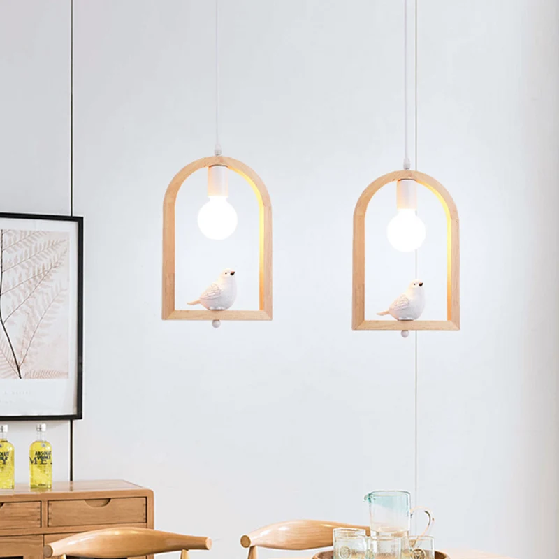 Hars Vogel Hangende Plafondlamp Nordic 1 Licht Wit Pendellicht met Houten Boogframe Clearhalo