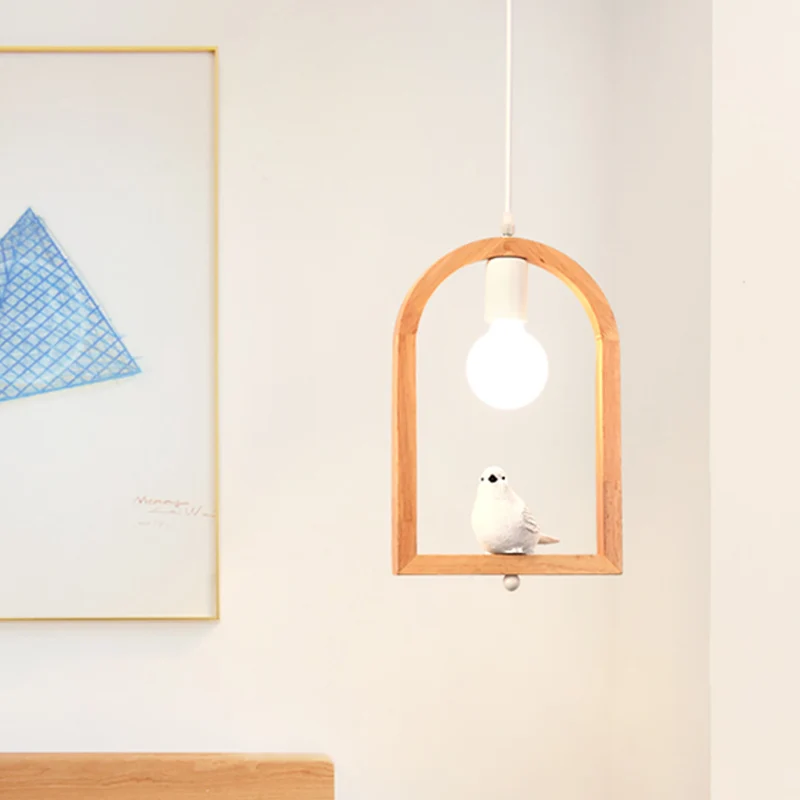 Hars Vogel Hangende Plafondlamp Nordic 1 Licht Wit Pendellicht met Houten Boogframe Clearhalo